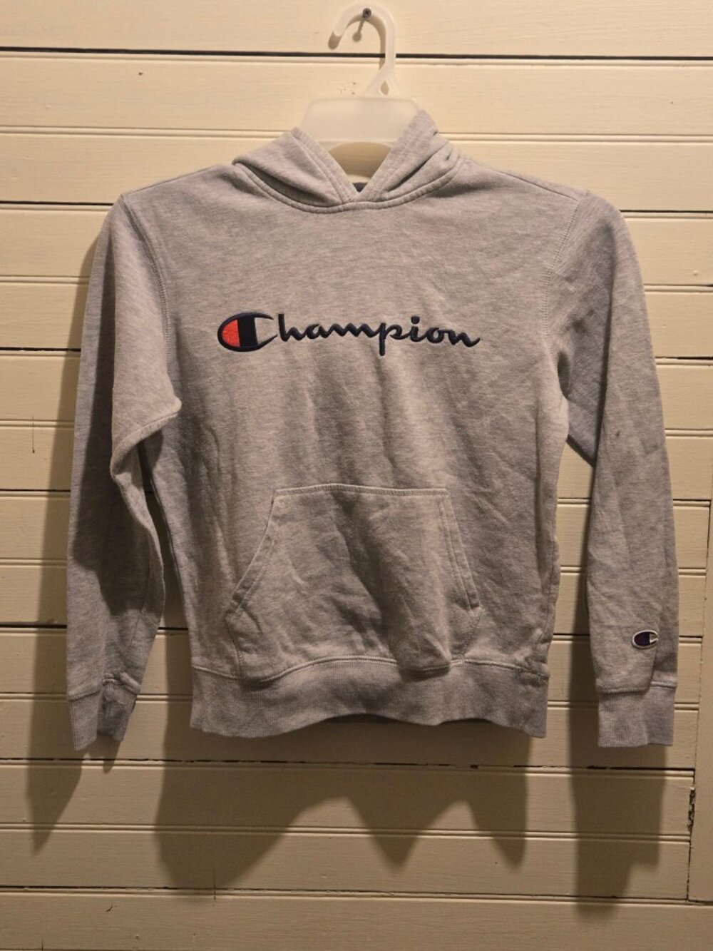 Champion Hoodie Boys M Gray Pullover Pocket Script Logo Fleece C Patch Sleeve